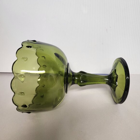 Vintage Indian Glass Scalloped Green teardrop pedestal compote EUC - Picture 2 of 5